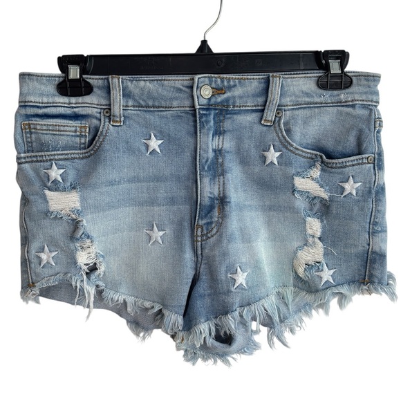 Eunina Jean Shorts Large Stretch Denim Lulu High Rise Distressed Embroider Stars - Picture 1 of 15
